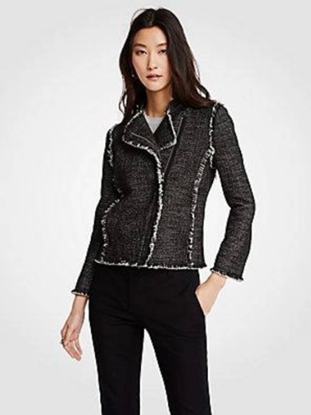 Ann Taylor Black Tweed Fringe Jacket Size 6Career Chic Textured Blazer